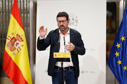 El secretario de Estado de Trabajo, Joaquín Pérez Rey, durante la rueda de prensa posterior a la reunión que representantes del Ministerio de Trabajo, sindicatos y patronal han llevado a cabo este miércoles para avanzar en la negociación de la reducción de la jornada.