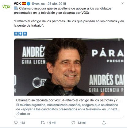 Andrés Calamaro coqueteó con apoyar a Vox desde su perfil de Facebook, donde escribió “prefiero el vértigo de los patriotas y reaccionarios, a su manera me representan más que los moderados”.
