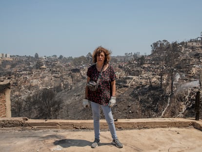 Lucy Castañeda, a resident of El Olivar, standing in what was the patio of her house.