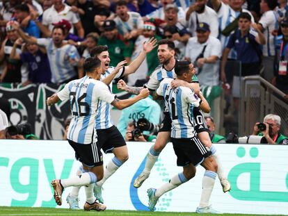 LUSAIL CITY, QATAR - NOVEMBER 26: Lionel Messi #10 of Argentina celebrates with teammates after scoring a goal during the FIFA World Cup Qatar 2022 Group C match between Argentina and Mexico at Lusail Stadium on November 26, 2022 in Lusail City, Qatar. (Photo by VCG/VCG via Getty Images)