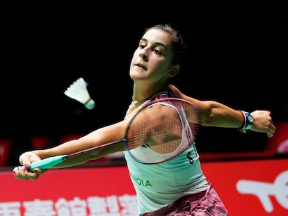 Carolina Marín durante el partido contra Zhang Wen Yu.