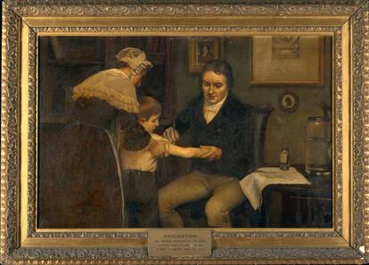 Jenner realizando su primera vacunación en James Phipps, un niño de 8 años, el 14 de mayo de 1796 (Ernest Board, 1910).
