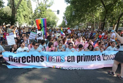 A banner reads “trans rights on the front line” at Madrid‘s Pride parade in 2018.
