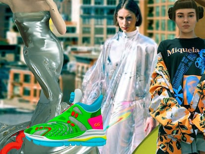De izda. a dcha.: vestido de The Tribute brand, vestido de The Fabricant, imagen de la influencer digital Lil Miquela y zapatillas de Gucci