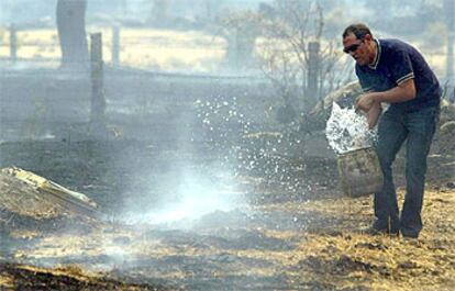 Un vecino colabora, ayer, en la extinción de uno de los incendios de la provincia de Ávila.