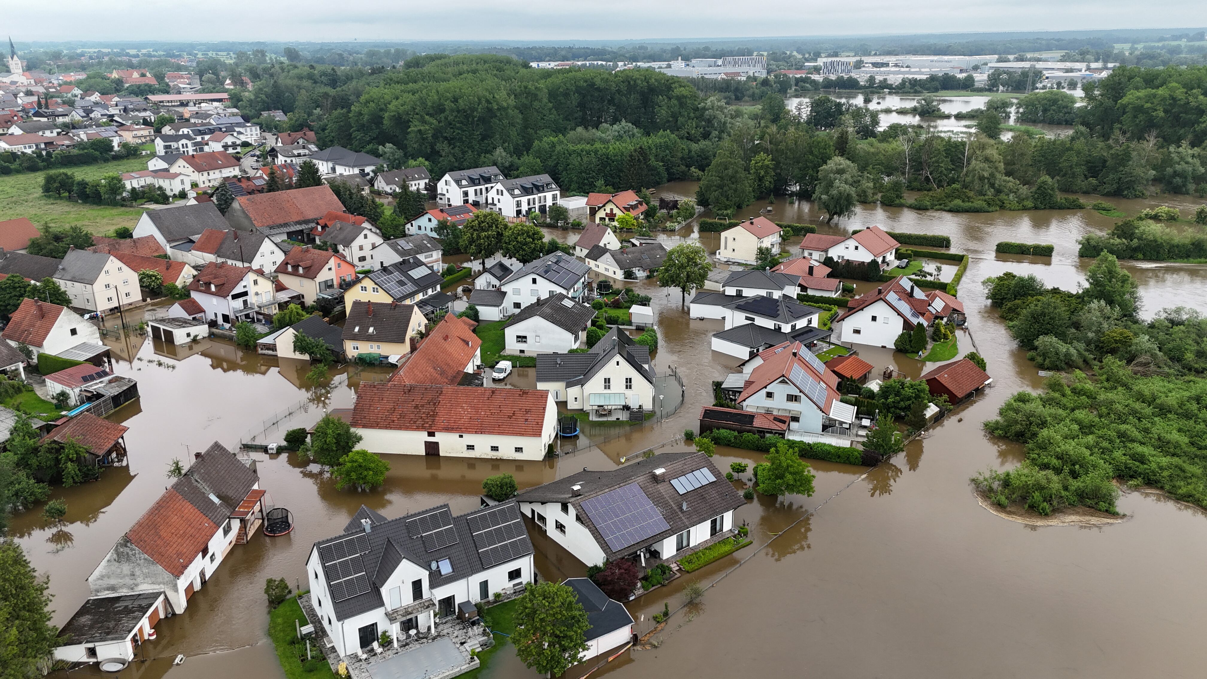 A general view taken with a drone shows the flood-affected area at the Paar river following heavy rainfalls in Gotteshofen near Ingolstadt, Germany, June 2, 2024. REUTERS/Ayhan Uyanik