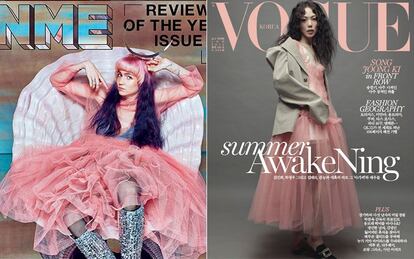 Grimes en la portada del NME y otro de los vestidos de Goddard en la portada de la edición coreana de Vogue.