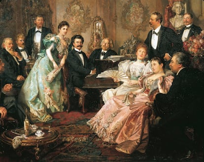 'Una noche con Johann Strauss' (1894), de Franz von Bayros (1866-1924), Sentado al piano Johann Strauss, a su espalda su ltima esposa, Adele, y tras ellos, acariciando su enorme barba blanca, el amigo de ambos, Johannes Brahms. Una rplica de este cuadro se encuentra en la House of Strauss.