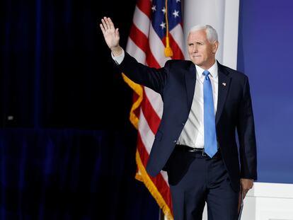 Mike Pence, the former U.S. vice president, bids farewell to the Republican Jewish Coalition after announcing he is dropping out of the race for president.