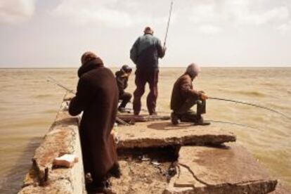 En Mariúpol, cuatro personas matan el tiempo pescando en el puerto de la ciudad, también favorable a la integración en Rusia.