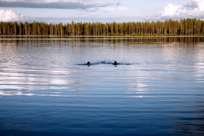 Dos personas nadan cerca del pueblo de Sodankylä, durante la celebración del Midnight Sun Film Festival, en una imagen cedida por el certamen.