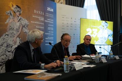 El director general del Teatro Real, Ignacio García-Belenguer; el presidente, Gregorio Marañón y el director artístico Joan Matabosch durante la presentación de la Temporada 2023-2024