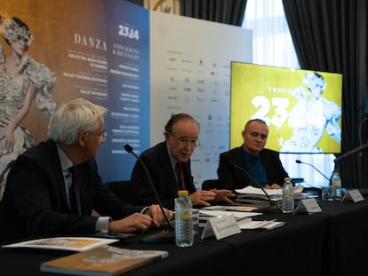 El director general del Teatro Real, Ignacio García-Belenguer; el presidente, Gregorio Marañón y el director artístico Joan Matabosch durante la presentación de la Temporada 2023-2024