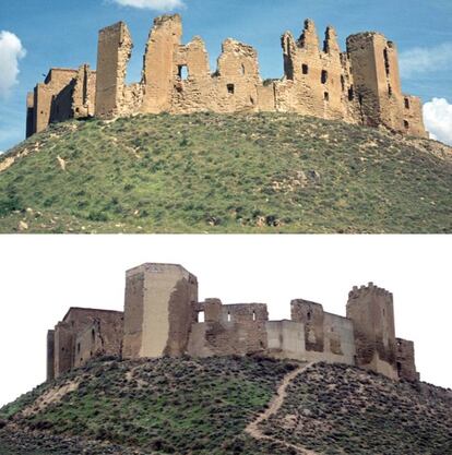 Vista general del castillo-monasterio de Montearagón en 1970, arriba, y en 1990, abajo, tras la primera restauración.