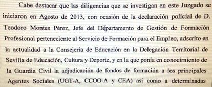 Extracto del auto dictado por la magistrada el 7 de mayo en el que reconoce que el origen de sus pesquisas es la declaración de Montes.