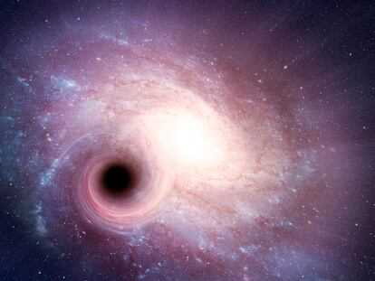 Representación artística de un agujero negro en una galaxia espiral.