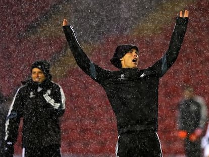 Cristiano grita durante el entrenamiento de ayer, marcado por la lluvia y el viento.