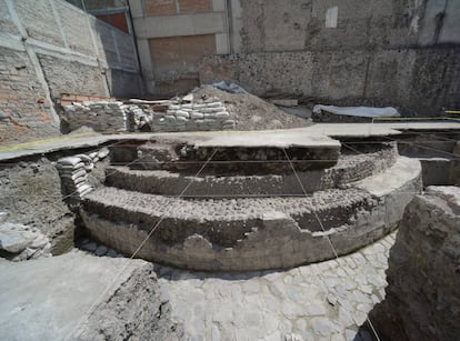 Imagen frontal del templo de Eh&eacute;catl, en ciudad de M&eacute;xico 