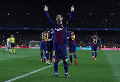 Messi celebra su primer gol ante el Chelsea.