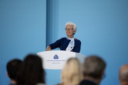 La presidenta del BCE, Christine Lagarde, durante la rueda de prensa de este jueves en Fráncfort.