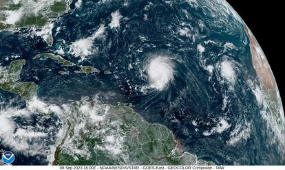 A composite image shows Hurricane Lee churning towards the Caribbean after intensifying into a major storm, on September 8, 2023.