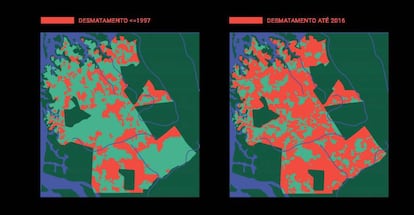 Desmatamento até 1997 (esq.) e até 2016 (dir.). Fonte: Territórios e alianças políticas do pós-ambientalismo (bit.ly/2SzrGwM)