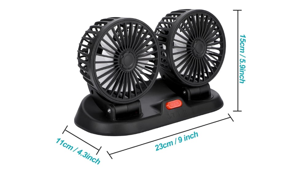 Ventilador con doble cabezal giratorio.