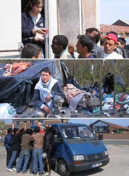 En la imagen superior, una trabajadora social reparte alimentos en un muelle de Calais. En la siguiente, el iraní Amid, de 14 años, junto a su tienda en uno de los campamentos de los <i>sin papeles.</i> En la fotografía inferior, varios inmigrantes pugnan por subir a una furgoneta que les llevará a las duchas de una organización cristiana.