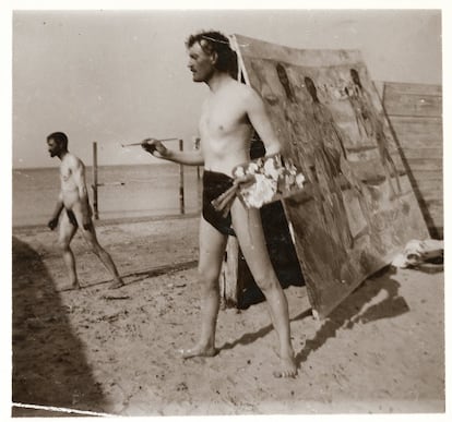 Autorretrato en la playa de Warnemünde con pinceles y paleta, 1907
