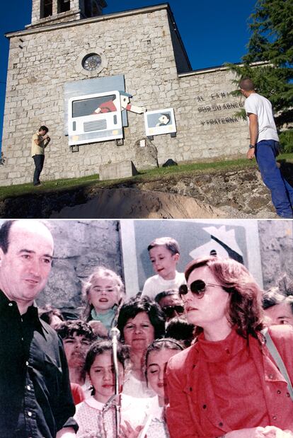 Arriba, la iglesia de Somosierra. Abajo, José Medina, cura del pueblo, con Rocío Dúrcal.