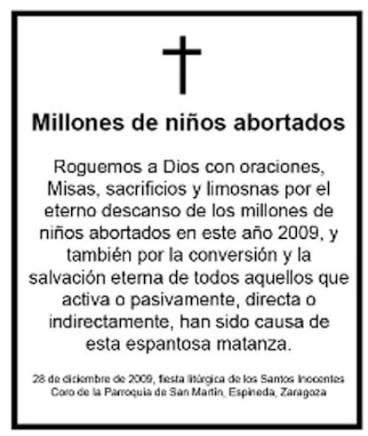 Esquela promovida por una web católica que publican hoy nueve diarios españoles.