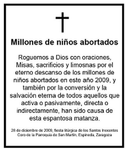 Esquela promovida por una web católica que publican hoy nueve diarios españoles.