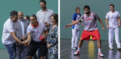 Induráin, anfitrión de la selección en Pamplona. En las horas previas al partido ante Lituania, el cinco veces ganador del Tour, Miguel Indurain, saludó a los integrantes del equipo de Scariolo. En el frontón Navarra Arena, los pelotaris Iera Aguirre y Fernando Goñi hicieron una demostración para la selección e incluso algunos jugadores como Sergio Llull se animaron a disputar algunos tantos.