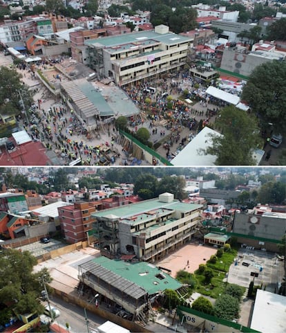 Dos fotografías aéreas que muestran la labor de los equipos de rescate mexicanos buscando a personas atrapadas en los escombros en la escuela primaria Enrique Rebsamen en la Ciudad de México, un día después de que un terremoto sacudiera el centro del país, el 20 de septiembre (arriba), y el mismo lugar el pasado día 10 de septiembre.