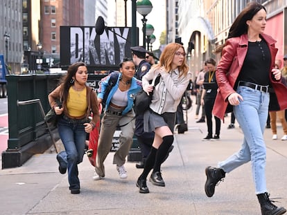 Left to right: Isabela Mercer, Celeste O’Connor, Sydney Sweeney and Dakota Johnson in ‘Madame Web.’