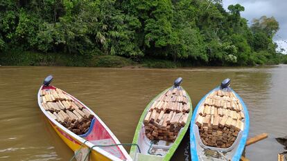 Canoas carregadas de madeira balsa extraídas na região do rio Pastaza e prontas para serem desembarcadas em Copataza, na Amazônia equatoriana.