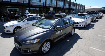 A fleet of Uber taxis in Pittsburgh.