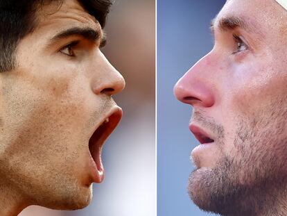 Paris (France), 09/06/2024.- A combo pictures shows Carlos Alcaraz of Spain (L) and Alexander Zverev of Germany in their matches during the French Open 2024 Grand Slam tennis tournament at Roland Garros in Paris, France. Both players will face each other in the Men's Singles final of the French Open on 09 June 2024. (Tenis, Abierto, Francia, Alemania, España) EFE/EPA/YOAN VALAT
