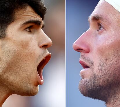 Paris (France), 09/06/2024.- A combo pictures shows Carlos Alcaraz of Spain (L) and Alexander Zverev of Germany in their matches during the French Open 2024 Grand Slam tennis tournament at Roland Garros in Paris, France. Both players will face each other in the Men's Singles final of the French Open on 09 June 2024. (Tenis, Abierto, Francia, Alemania, España) EFE/EPA/YOAN VALAT