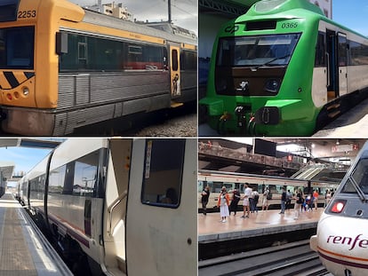 De izquierda a derecha y de arriba abajo: tren de Lisboa a Entroncamento en la estación de Santa Apolonia; automor diésel de Comboios de Portugal que une Entroncamento y Badajoz; regional de Renfe de Badajoz a Mérida; y media distancia de Mérida a Madrid.