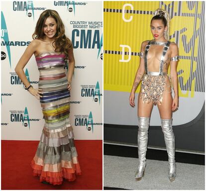 Miley Cyrus, en la alfombra roja de los Country Music Association Awards en noviembre de 2006. A la derecha, la actriz y cantante en los premios MTV de 2015.