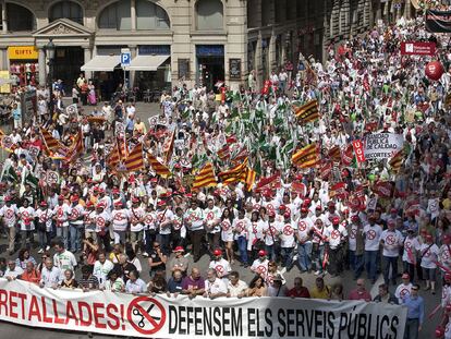 Cabecera de la manifestación, ayer en Barcelona.