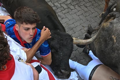 Uno de los astados embiste a uno de los mozos, este lunes durante el octavo y último encierro.
