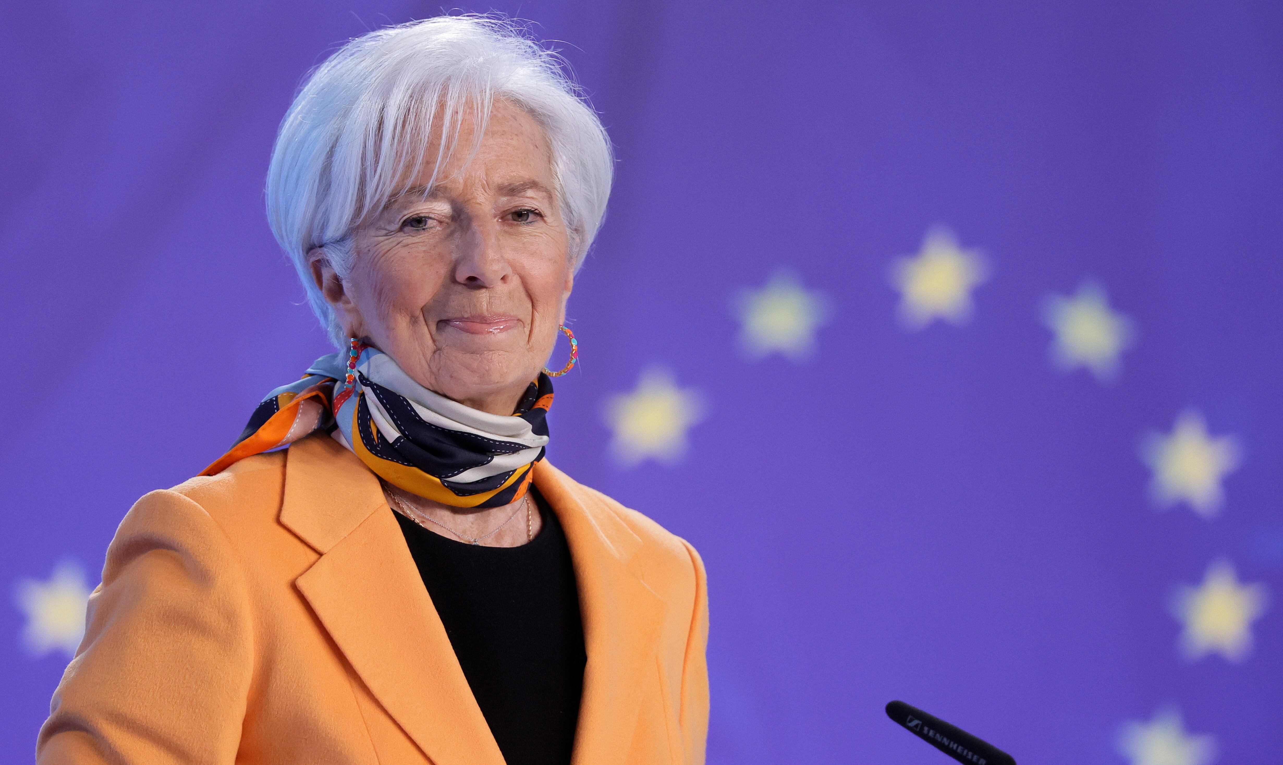 FLa presidenta del BCE, Christine Lagarde, en la rueda de prensa que siguió a la reunión del Consejo de Gobierno de marzo, en Fráncfort.