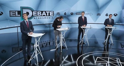 Debate en Atresmedia con la participación de Pablo Casado (Partido Popular), Pablo Iglesias (Unidas Podemos), Pedro Sánchez (PSOE) y Albert Rivera (Ciudadanos). Foto: Uly Martín