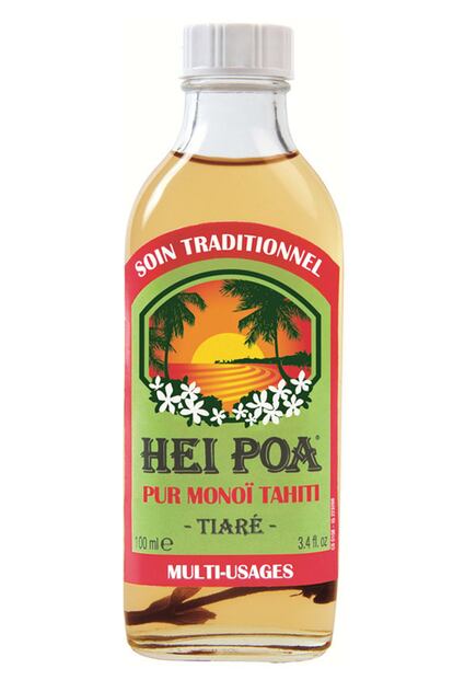 Monoï de Tahiti de Hei Poa, es un aceite extraído de la pulpa de coco que sirve para hidratar tanto el cuerpo como el cabello. Su precio es 10 euros.