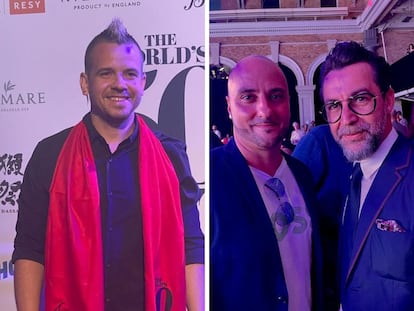 El chef David Muñoz, a la izquierda; a la derecha, Quique Dacosta y su jefe de cocina, Juanfra Valiente, a su llegada a la entrega de los premios The World's 50 Best.