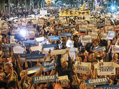 Una imagen de la manifestación del martes en defensa de Jordi Sánchez y Jordi Cuixart.