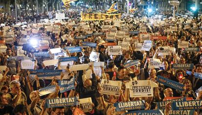 Una imagen de la manifestación del martes en defensa de Jordi Sánchez y Jordi Cuixart.