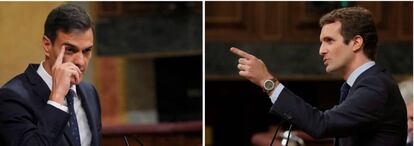 El presidente del Gobierno, Pedro Sánchez, y el presidente del PP, Pablo Casado, durante el pleno del Congreso. 